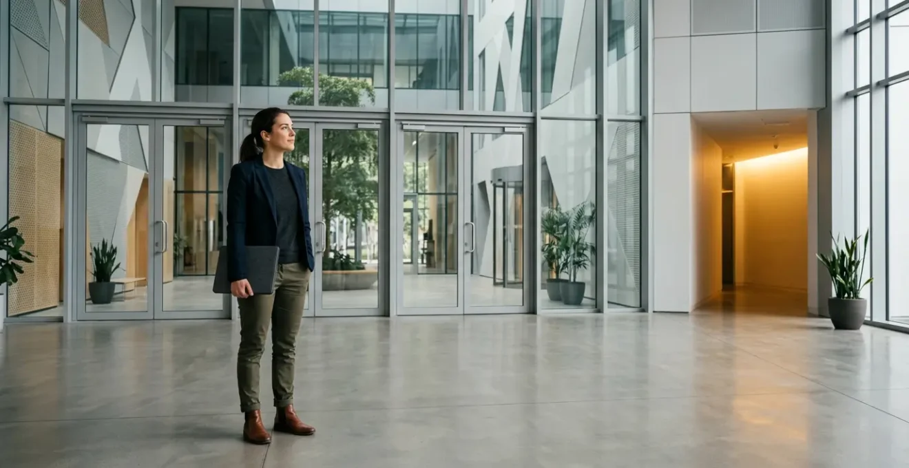 Jeune diplômé face au marché du travail avec portes fermées et portes d'opportunités cachées