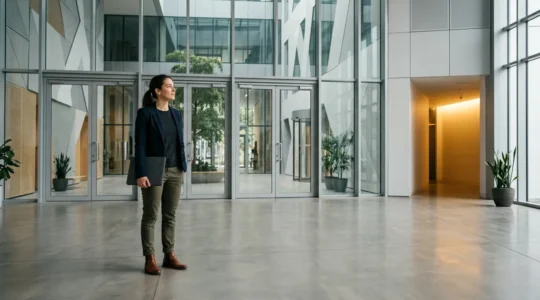Jeune diplômé face au marché du travail avec portes fermées et portes d'opportunités cachées