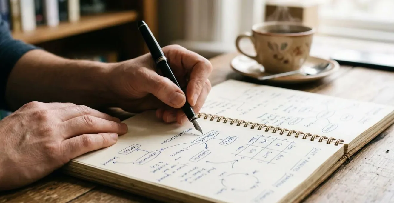 Gros plan sur des mains tenant un stylo au-dessus d'un carnet ouvert avec des schémas stratégiques, tasse de café en arrière-plan flouté