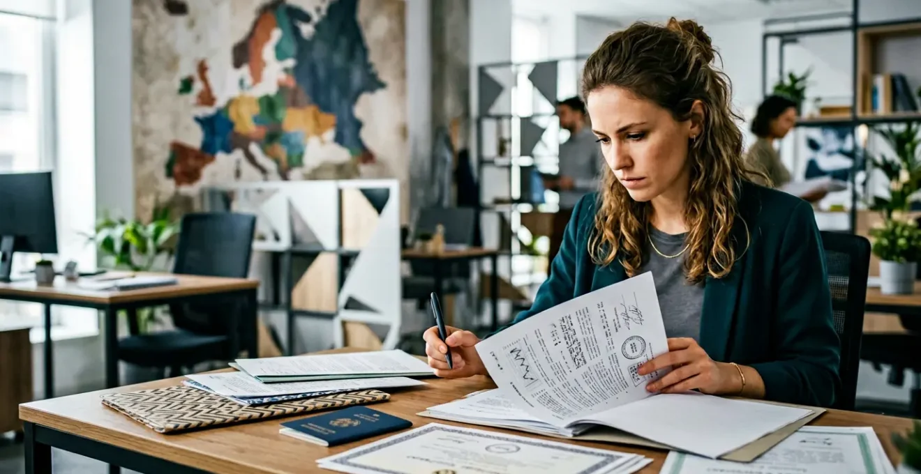 Jeune professionnelle consultant des documents de validation académique avec une carte européenne en arrière-plan