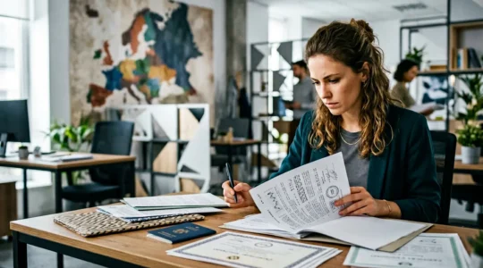 Jeune professionnelle consultant des documents de validation académique avec une carte européenne en arrière-plan
