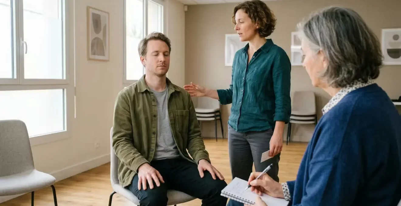 Trois stagiaires en formation hypnose pratiquant en triade supervisée