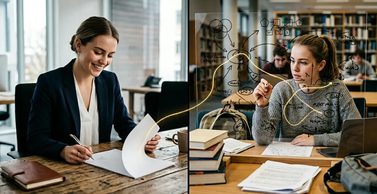 Étudiant en costume professionnel construisant son parcours académique avec des documents universitaires et un contrat d'embauche