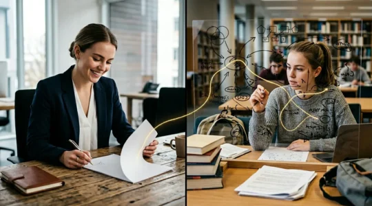 Étudiant en costume professionnel construisant son parcours académique avec des documents universitaires et un contrat d'embauche