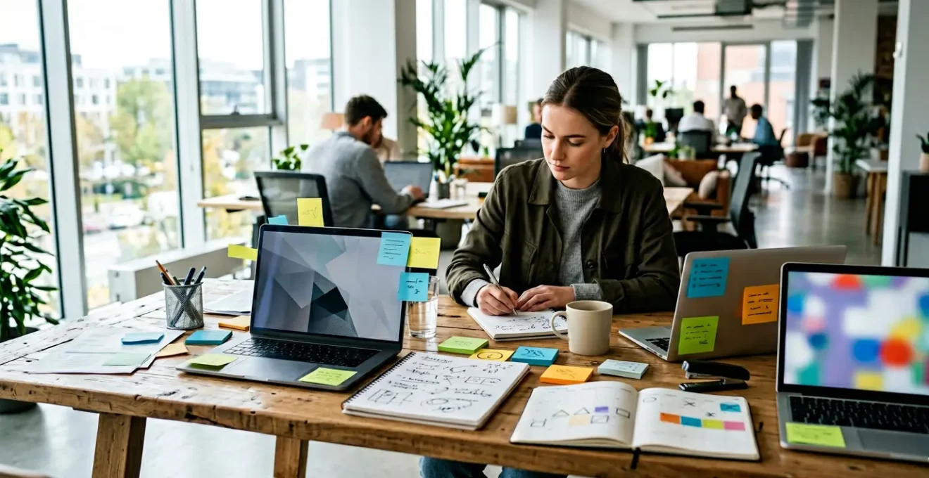 Un jeune étudiant en chemise professionnelle consulte plusieurs documents et ordinateurs portables ouverts sur une table de travail, entouré de notes colorées et d'un calendrier mural marquant les deadlines, dans un espace de coworking lumineux