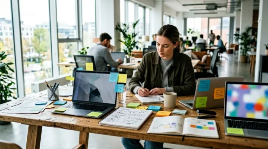 Un jeune étudiant en chemise professionnelle consulte plusieurs documents et ordinateurs portables ouverts sur une table de travail, entouré de notes colorées et d'un calendrier mural marquant les deadlines, dans un espace de coworking lumineux