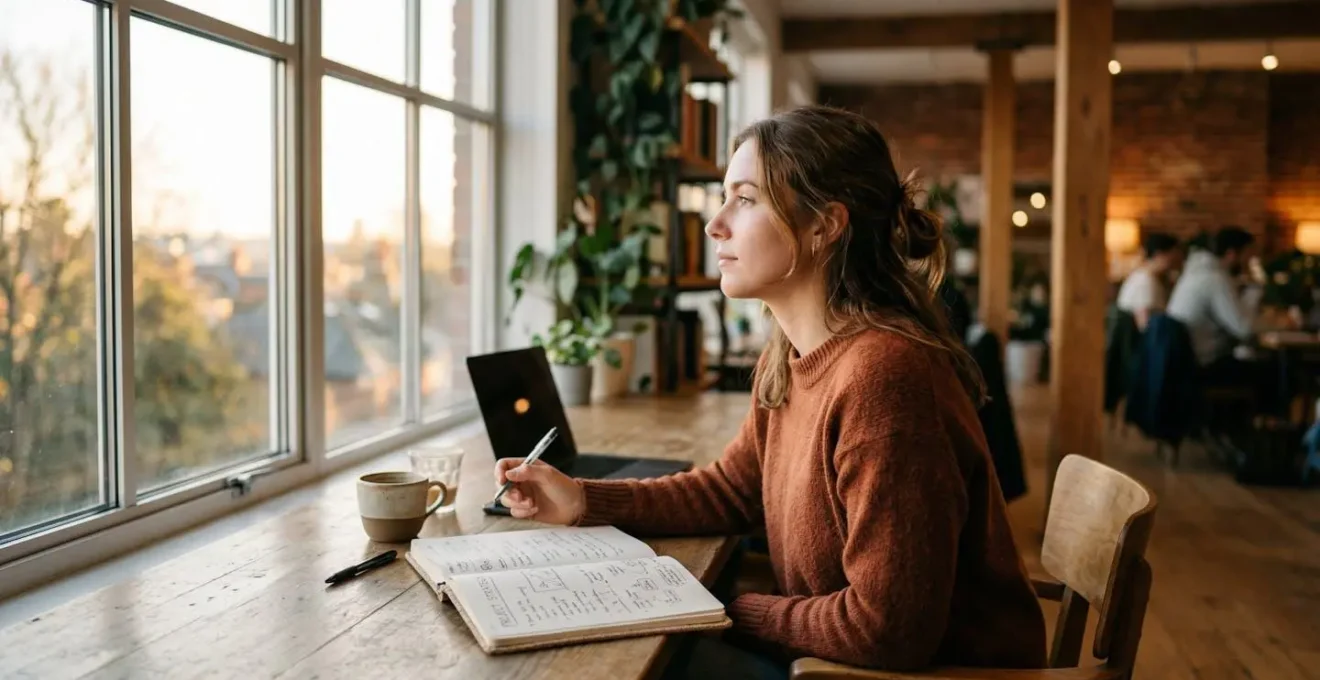 Une femme de profil assise près d'une fenêtre lumineuse, carnet ouvert sur ses genoux, dans un espace de travail moderne et chaleureux
