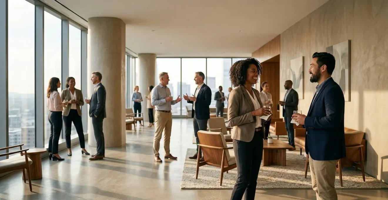 Professionnels en networking lors d'un événement alumni dans un environnement moderne