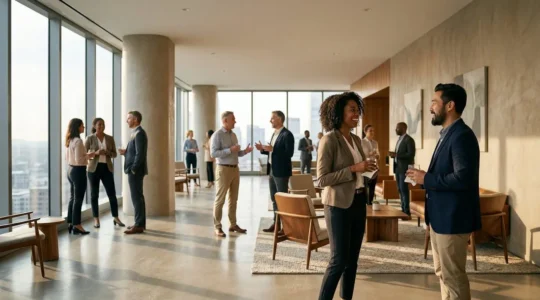 Professionnels en networking lors d'un événement alumni dans un environnement moderne