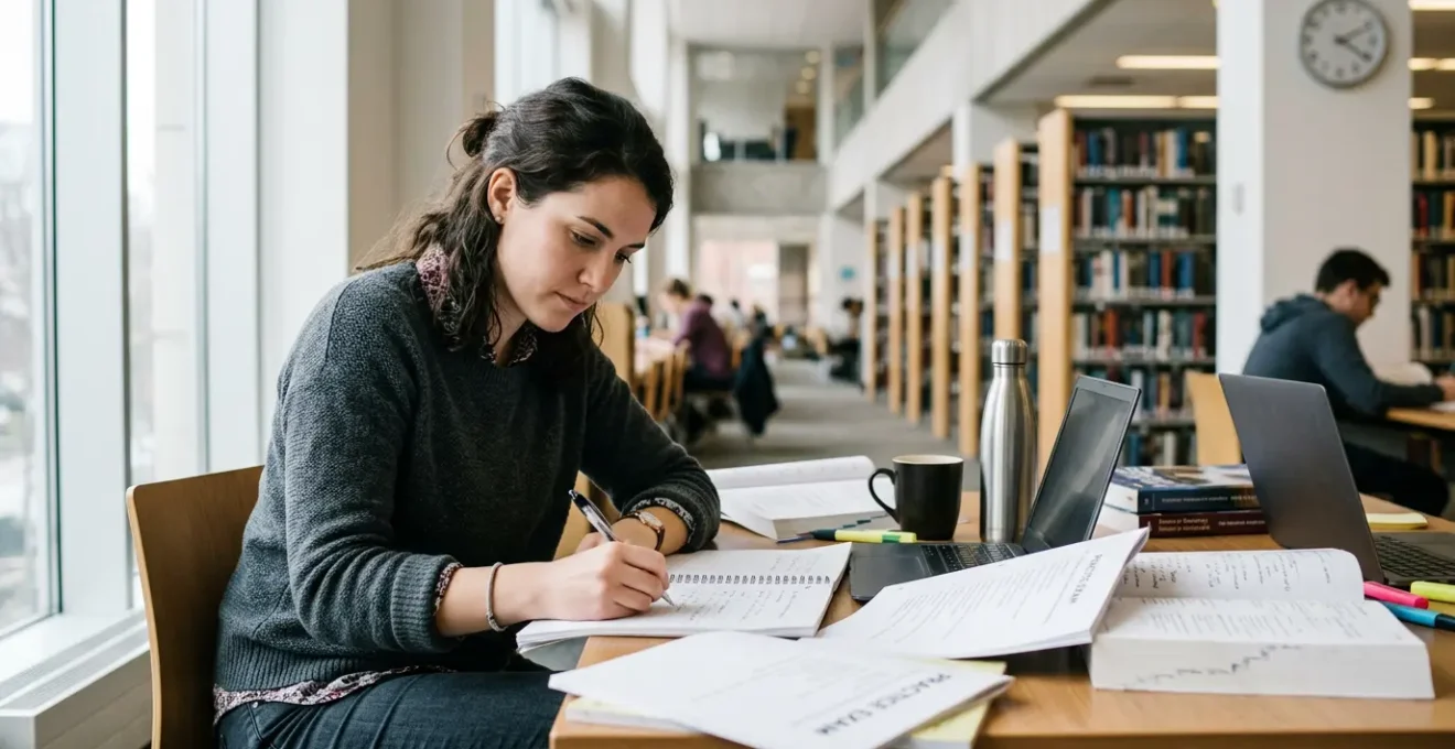 Candidat concentré dans une bibliothèque moderne entouré de manuels de préparation aux tests avec une horloge murale en arrière-plan