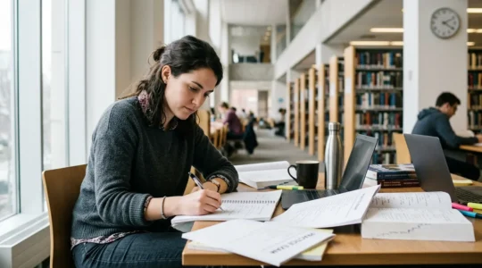 Candidat concentré dans une bibliothèque moderne entouré de manuels de préparation aux tests avec une horloge murale en arrière-plan