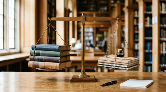 Vue conceptuelle d'un étudiant analysant stratégiquement son parcours universitaire avec des outils de calcul et de planification