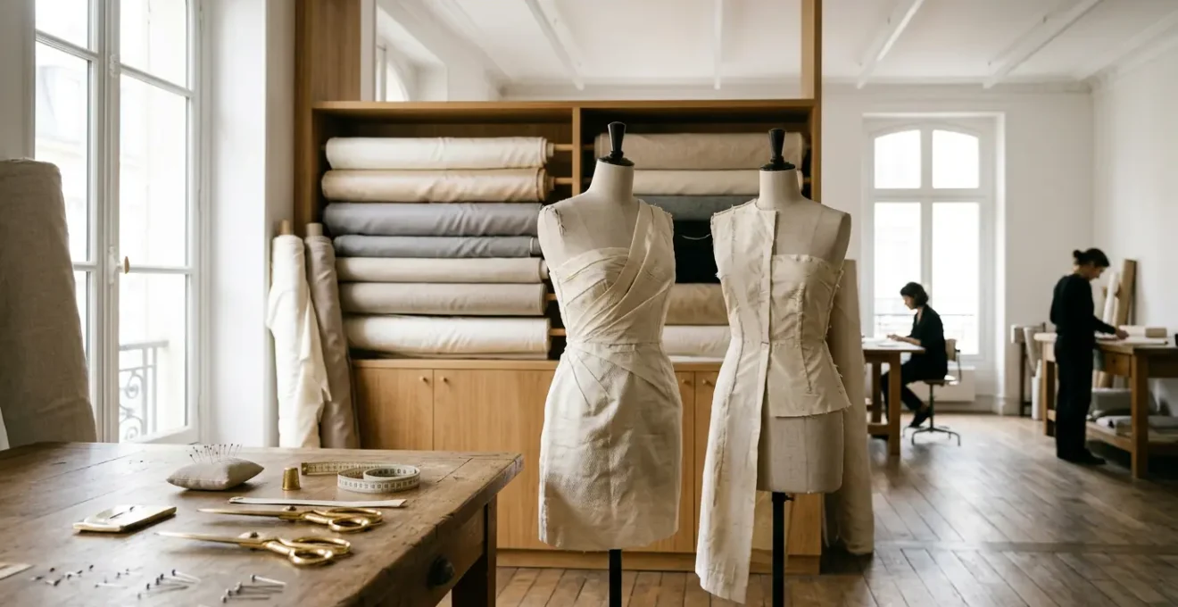 Vue d'ensemble d'un atelier de haute couture français avec tissus de luxe et outils professionnels