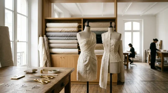 Vue d'ensemble d'un atelier de haute couture français avec tissus de luxe et outils professionnels