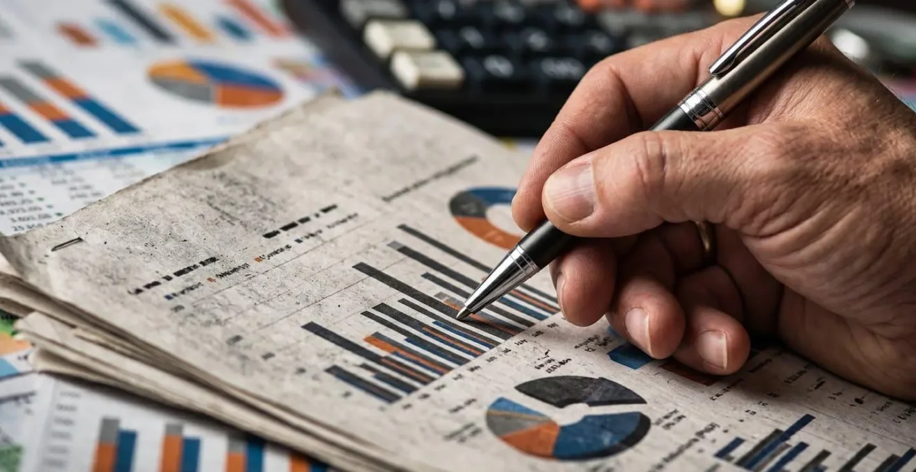 Gros plan sur des mains manipulant des documents financiers avec des graphiques abstraits