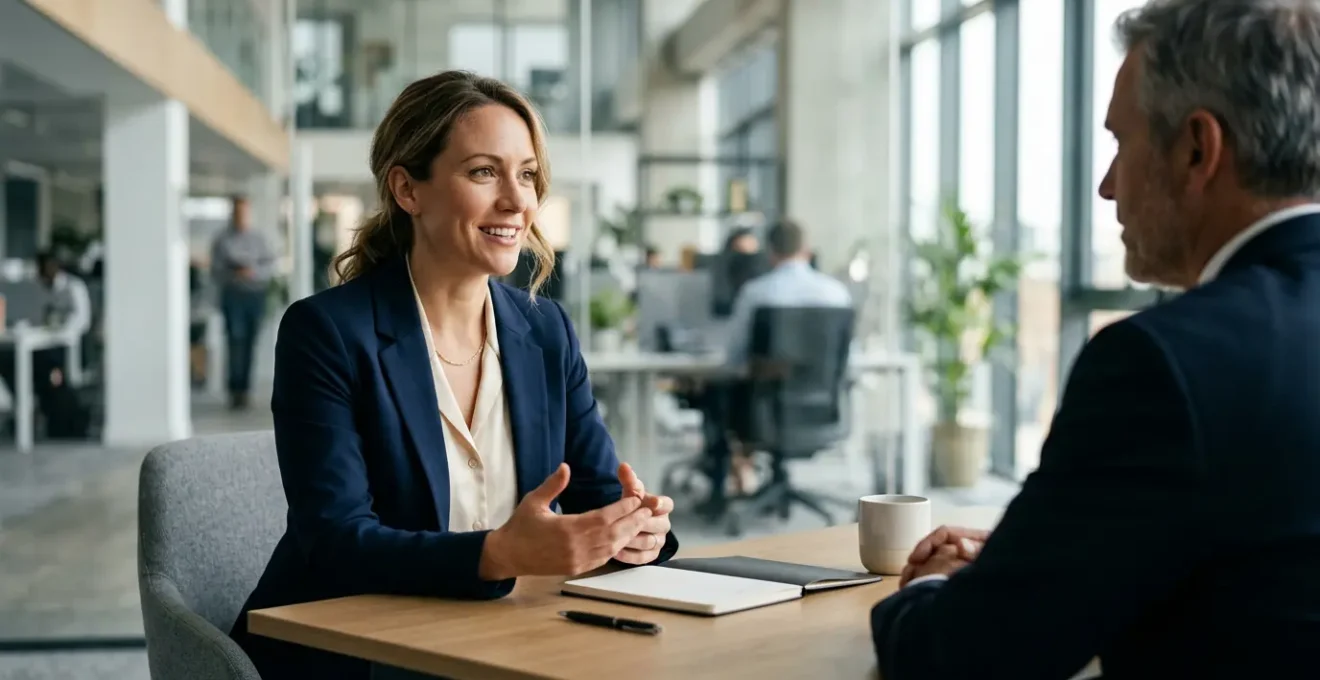 Candidat confiant en entretien d'embauche dans un bureau moderne et lumineux