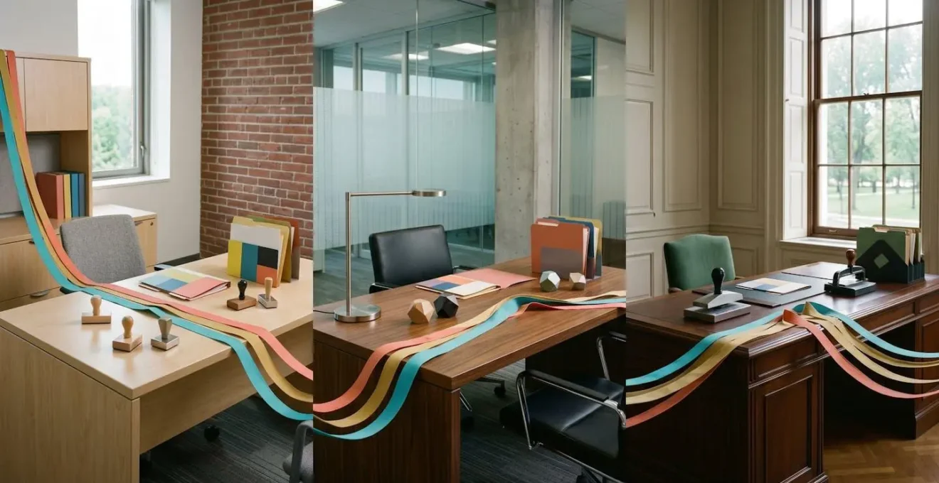 Représentation visuelle d'une chaîne de bureaux administratifs interconnectés par des fils colorés
