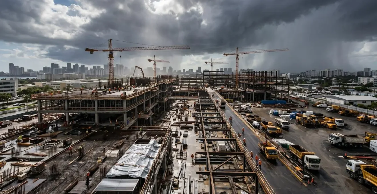 Vue large d'un chantier de construction moderne avec équipes coordonnées sous ciel changeant