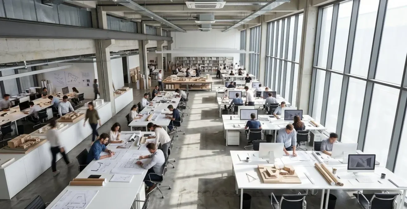 Vue en plongée d'un open space d'agence d'architecture moderne avec postes de travail et maquettes