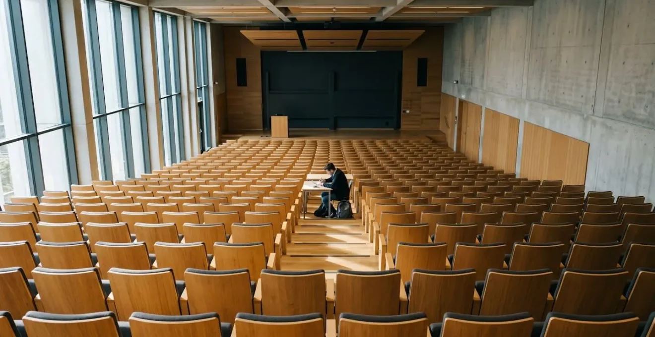 Vue d'ensemble d'un amphithéâtre universitaire moderne avec étudiants prenant des notes