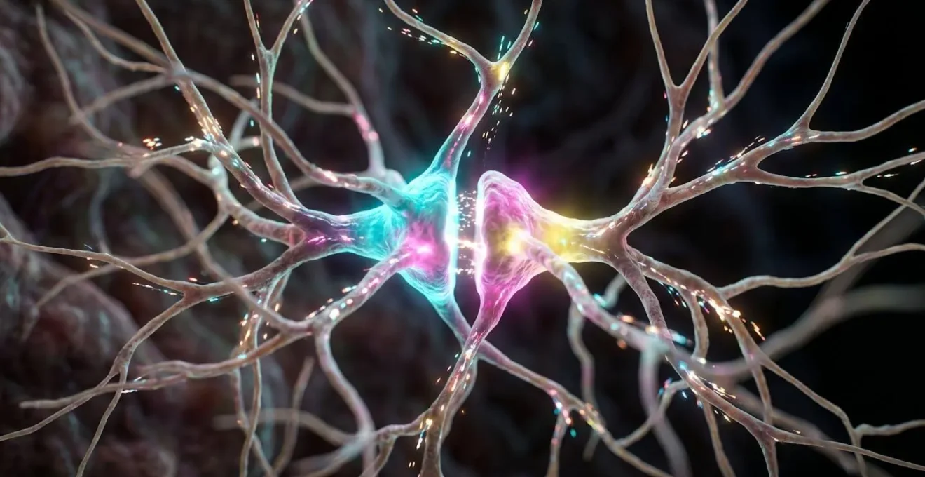 Vue macro détaillée de synapses neuronales interconnectées formant des branches colorées comme une carte mentale biologique