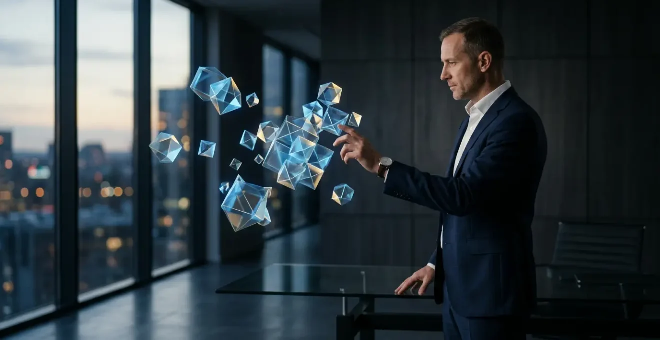 Conseiller bancaire utilisant une interface holographique pour analyser des données patrimoniales dans un environnement moderne