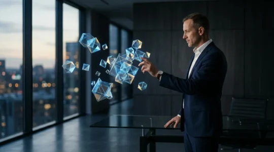Conseiller bancaire utilisant une interface holographique pour analyser des données patrimoniales dans un environnement moderne
