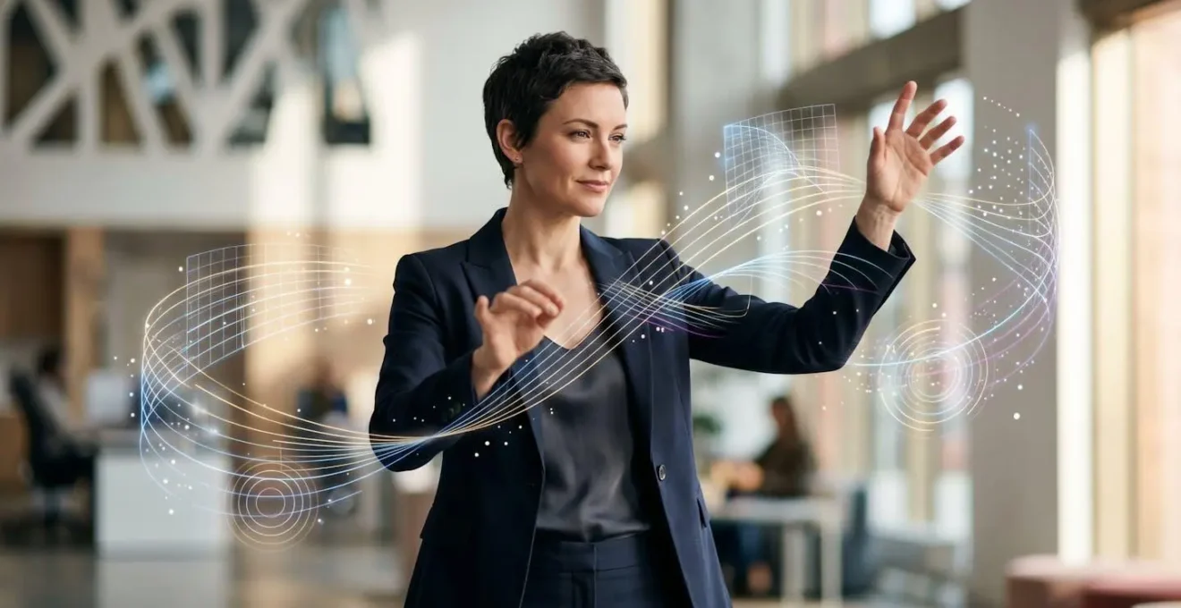 Professionnel dirigeant un orchestre de données avec visualisations flottantes