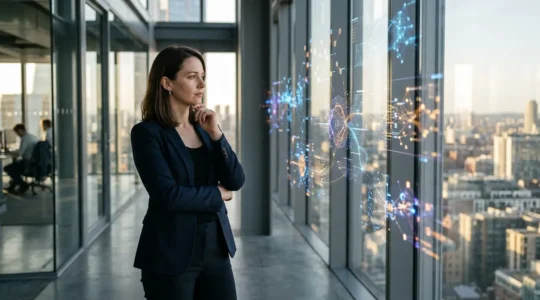 Expert en data science analysant des données complexes dans un environnement moderne, illustrant la valeur humaine irremplaçable face aux algorithmes