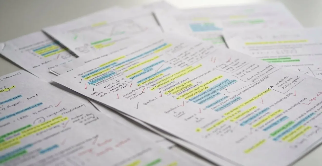 Vue macro de documents d'examen annotés avec des marqueurs colorés identifiant des patterns d'erreurs