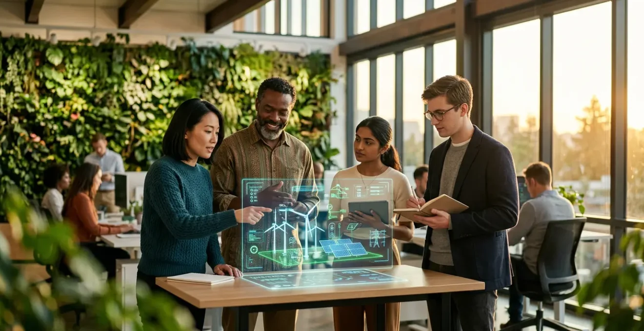 Professionnels travaillant dans un environnement moderne mêlant nature et technologie verte