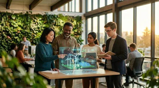Professionnels travaillant dans un environnement moderne mêlant nature et technologie verte