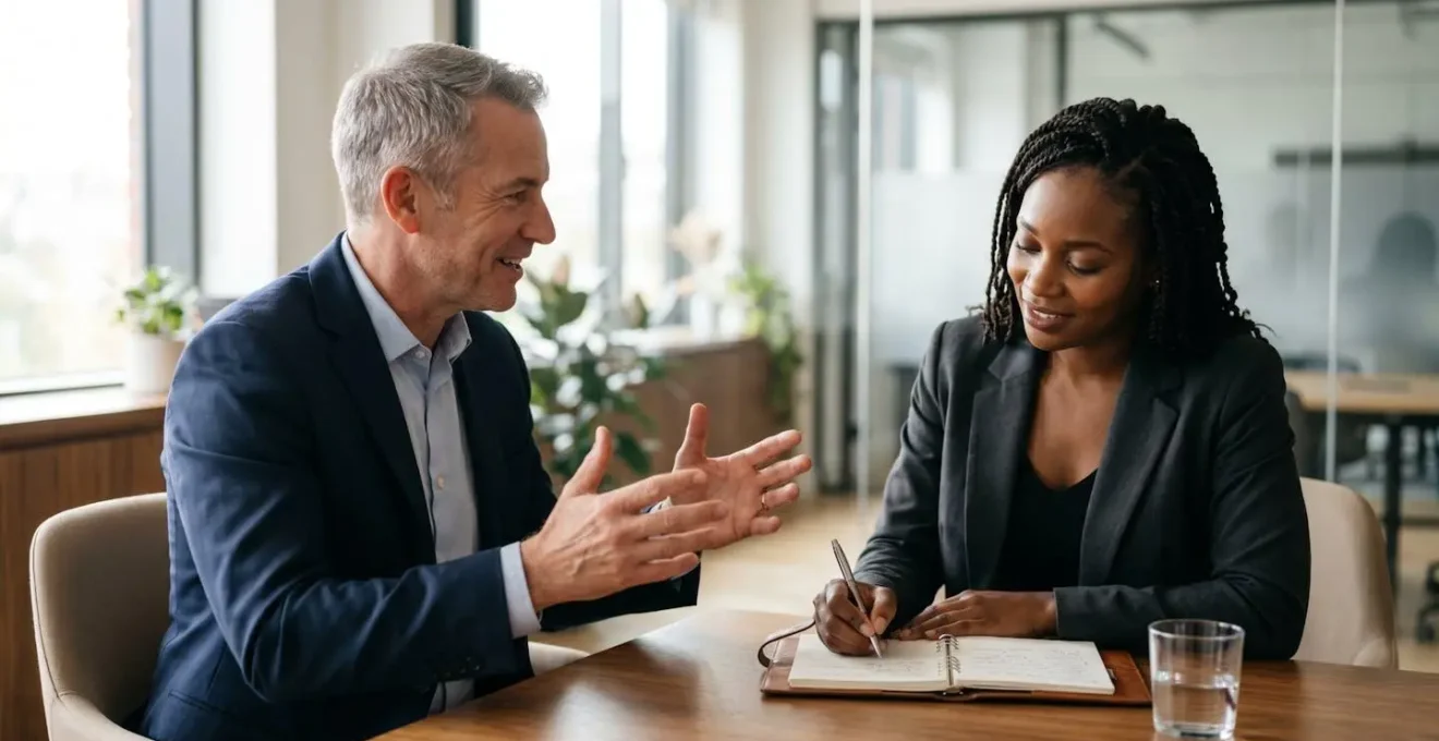Deux professionnels en discussion stratégique dans un bureau moderne