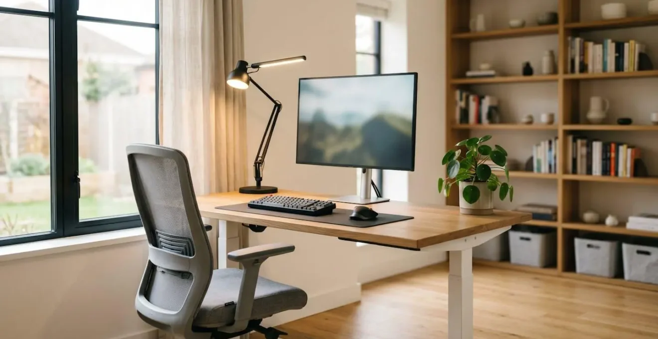 Espace de travail ergonomique avec lumière naturelle et organisation minimaliste