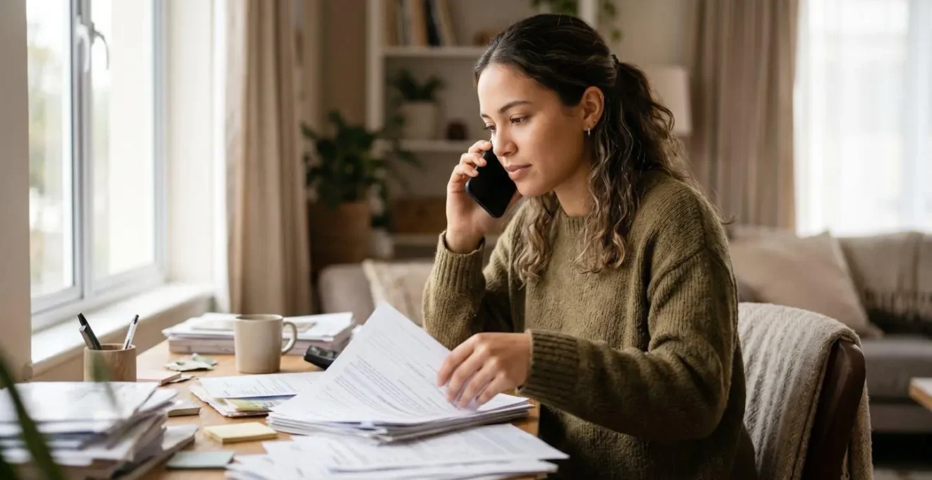 Étudiant concentré au téléphone avec des documents administratifs pour son dossier CROUS