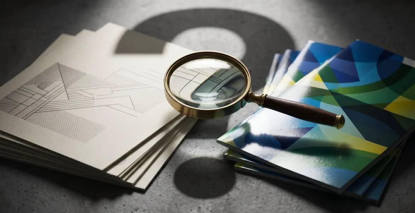 Analyse critique de documents de formation avec loupe et dossiers sur bureau