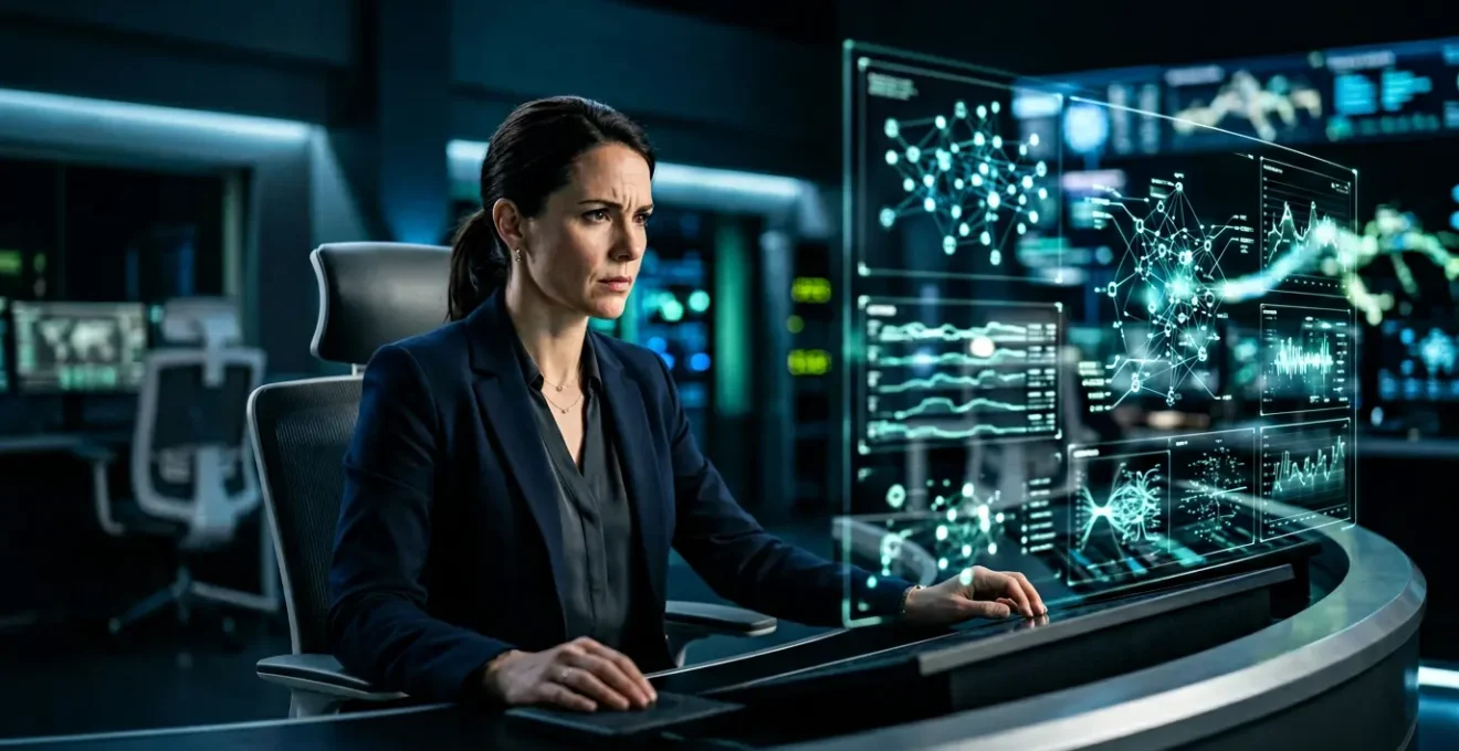 Un expert en cybersécurité analysant des données complexes sur plusieurs écrans dans un environnement technologique avancé