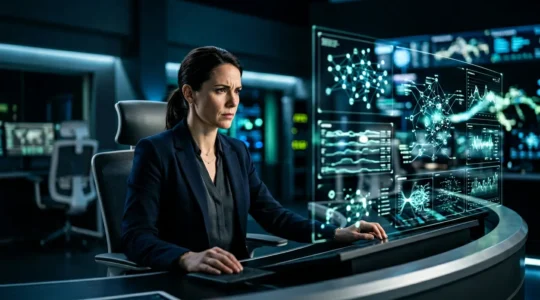 Un expert en cybersécurité analysant des données complexes sur plusieurs écrans dans un environnement technologique avancé