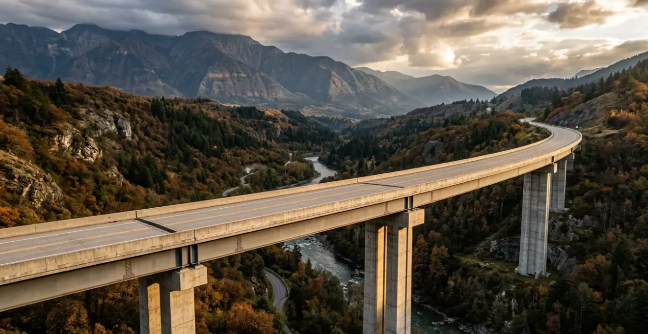 Vue aérienne d'un pont moderne avec structure métallique renforcée surplombant une rivière, sous ciel nuageux dramatique
