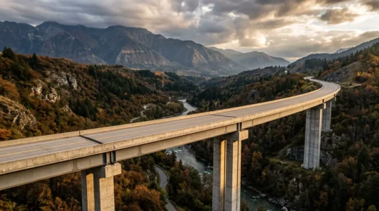 Vue aérienne d'un pont moderne avec structure métallique renforcée surplombant une rivière, sous ciel nuageux dramatique