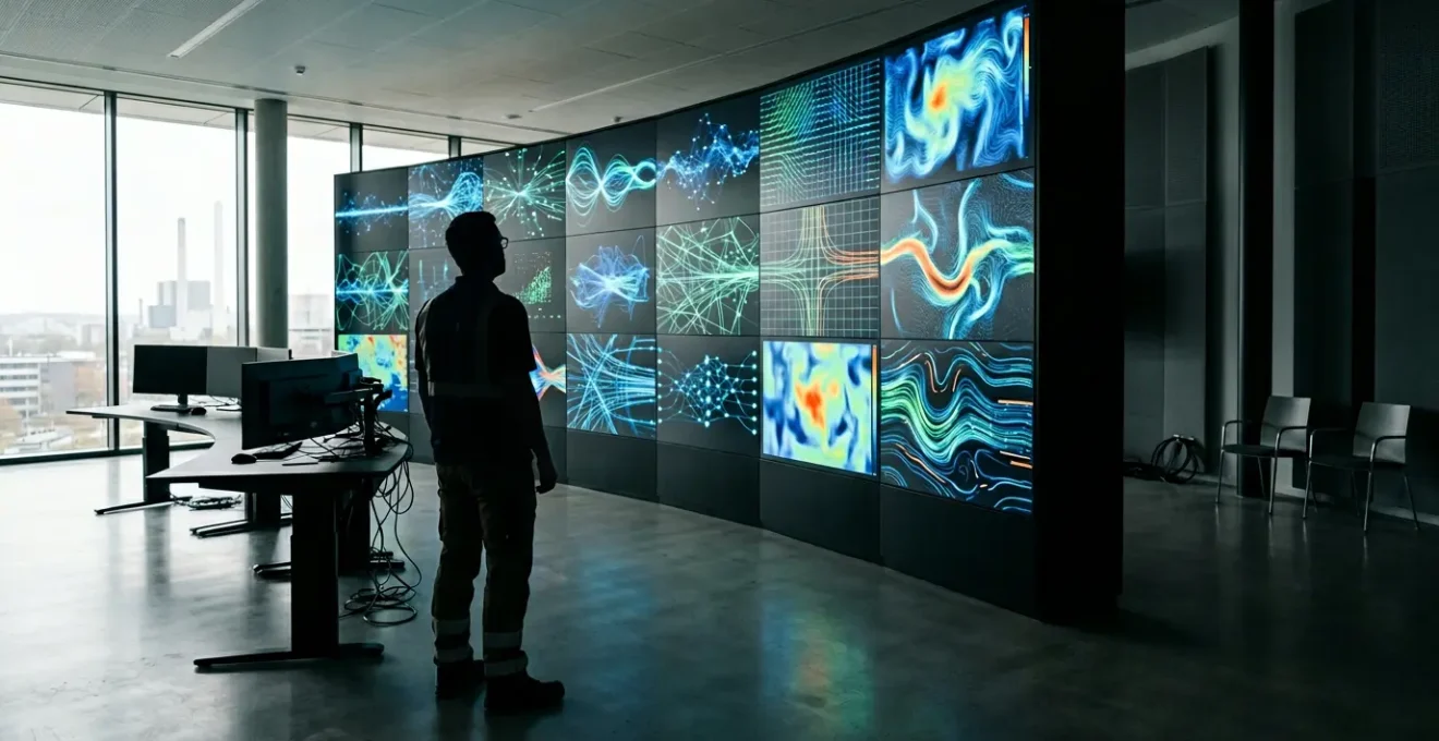 Ingénieur analysant des données énergétiques sur tableau de bord complexe dans une salle de contrôle moderne