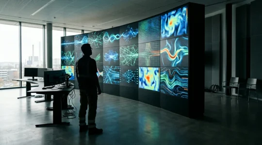 Ingénieur analysant des données énergétiques sur tableau de bord complexe dans une salle de contrôle moderne