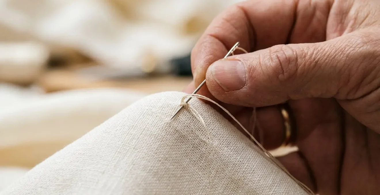 Gros plan sur les mains d'un artisan travaillant sur une pièce de haute couture