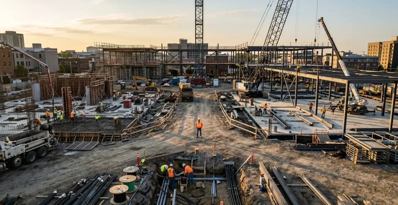 Vue aérienne d'un maître d'œuvre supervisant un chantier de construction avec plusieurs équipes au travail