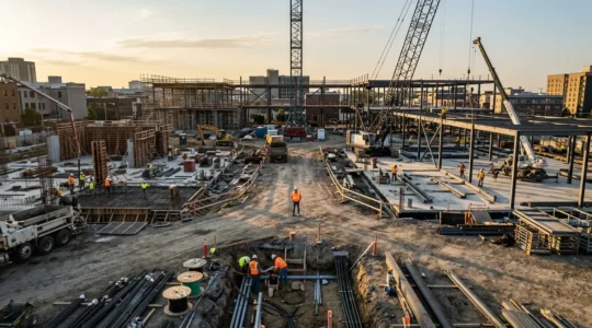 Vue aérienne d'un maître d'œuvre supervisant un chantier de construction avec plusieurs équipes au travail