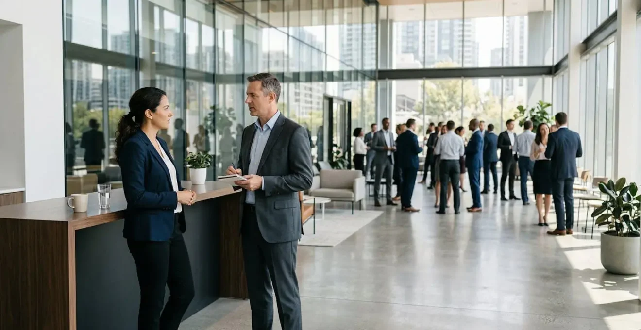 Professionnels en discussion discrète lors d'un événement de réseautage professionnel