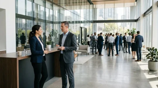 Professionnels en discussion discrète lors d'un événement de réseautage professionnel