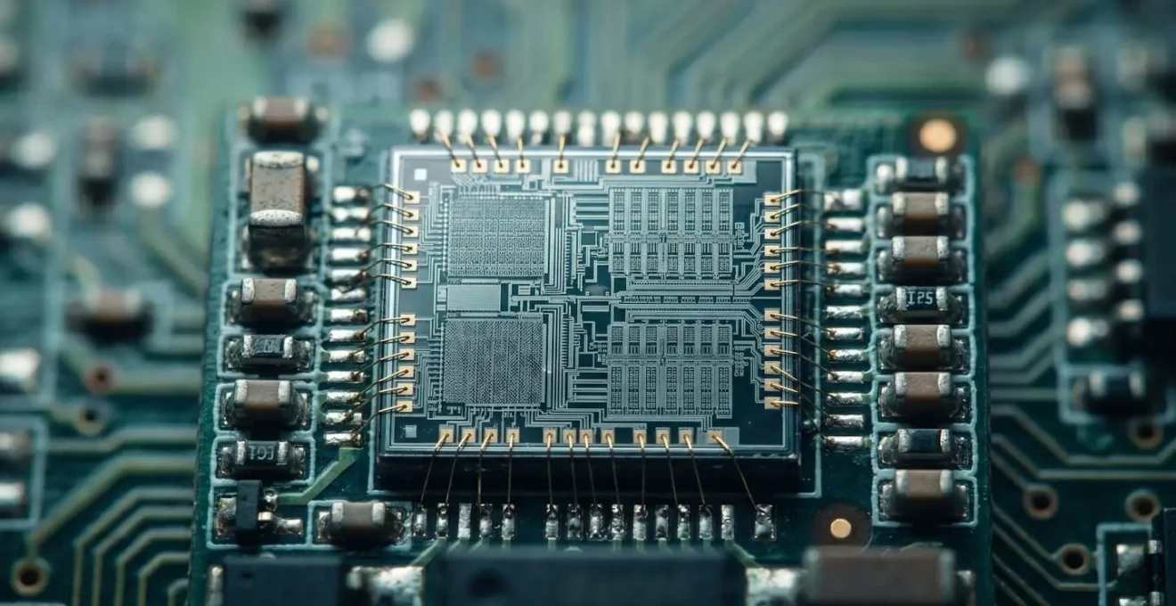 Détail macro d'un microcontrôleur avec condensateurs et circuits de gestion d'énergie