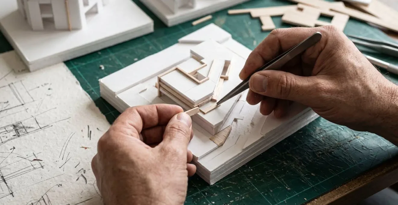 Mains d'architecte travaillant sur une maquette d'étude avec croquis et matériaux éparpillés sur table de travail