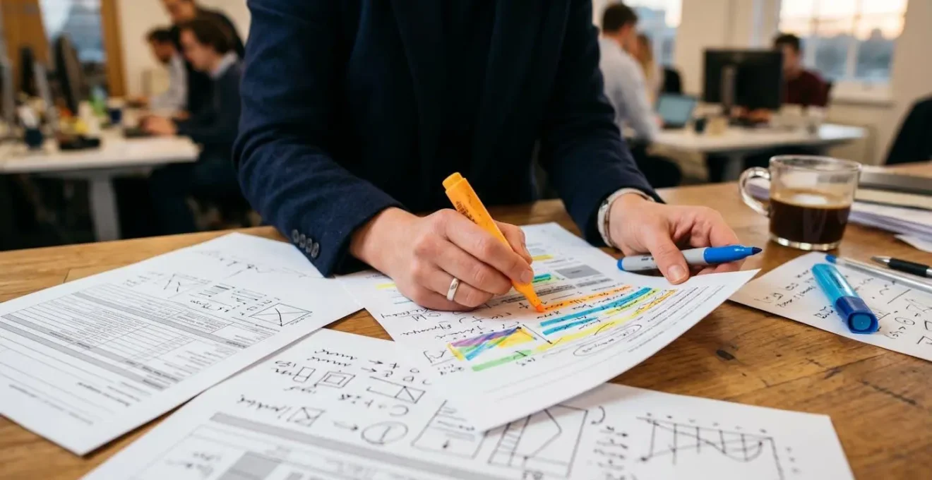 Personne professionnelle prenant des notes manuscrites avec des surligneurs colorés sur des documents